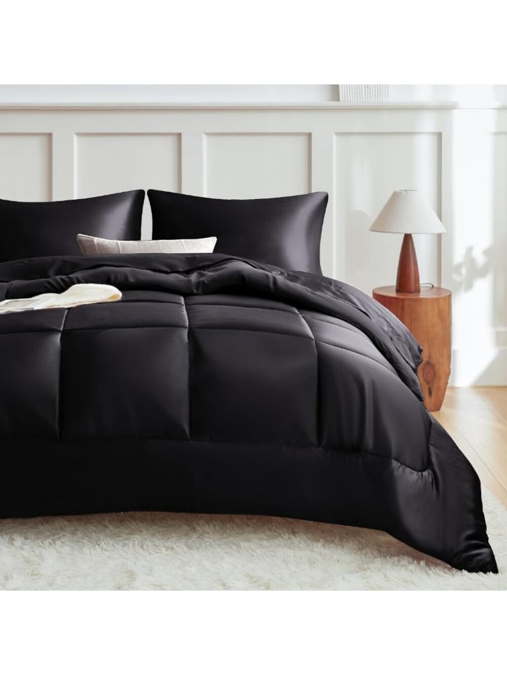 Reversible Black Satin Microfiber Queen Comforter Set, 3-Piece Silky Soft